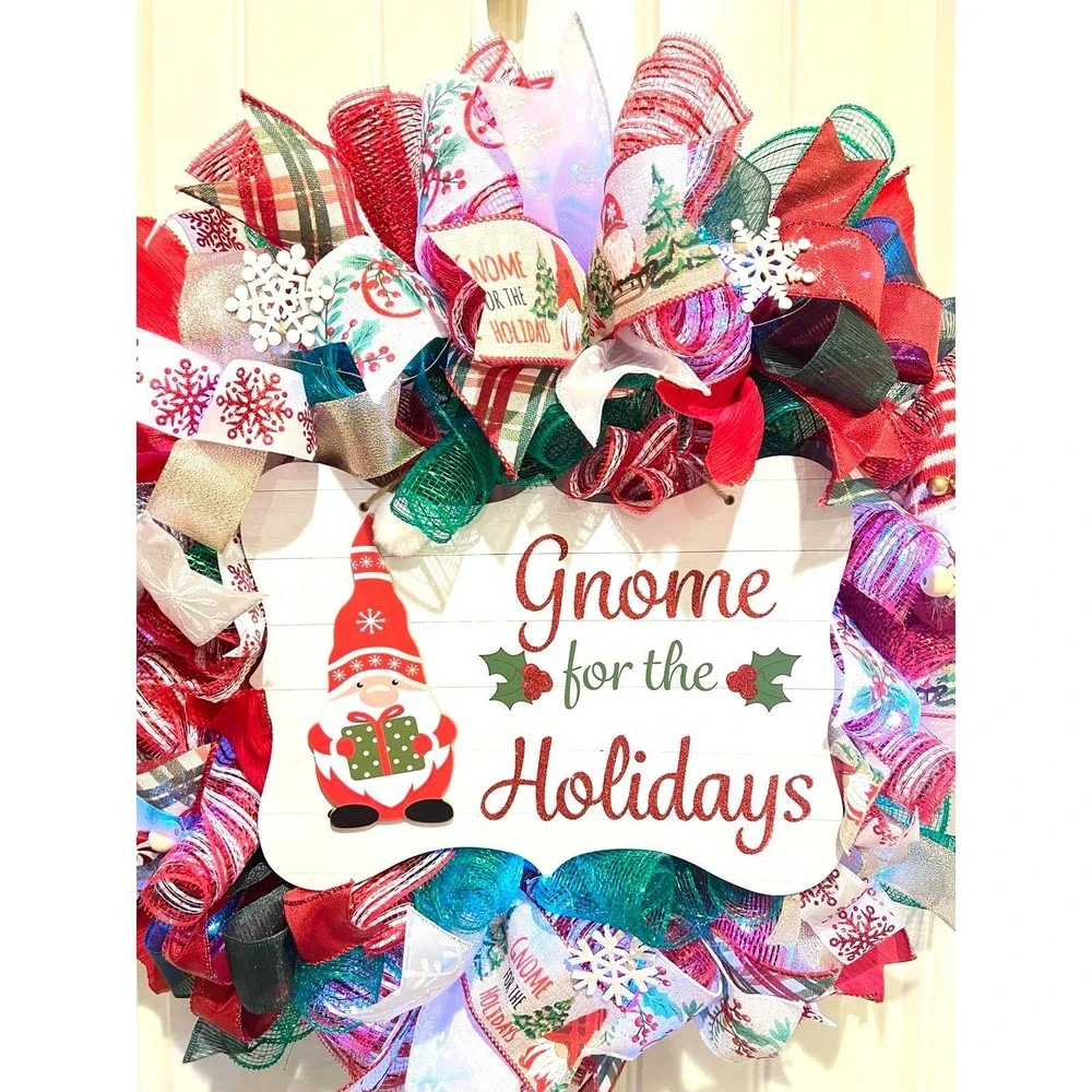 Handmade Christmas Gnome for the Holidays Ribbon Door Wreath 22 ins LED W37